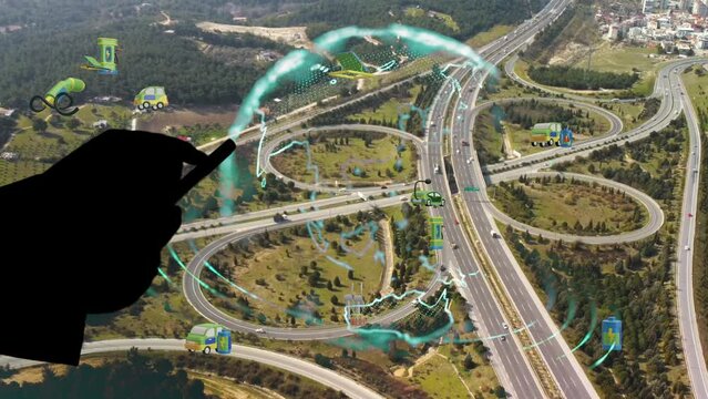 Intelligent Vehicles Cars Communicating Ai Logistic Autonomous Delivery Vehicles IoT GPS Tracking Satellite 5G Smart Roads Traffic Road Junction Interchange Motorway Triangulation Of Traffic Data