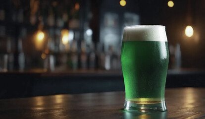 glass with green beer on a table in a bar