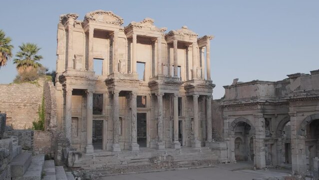 Celsus Library in ancient city Ephesus, Anatolia in Selcuk, Turkey. High quality 4k footage