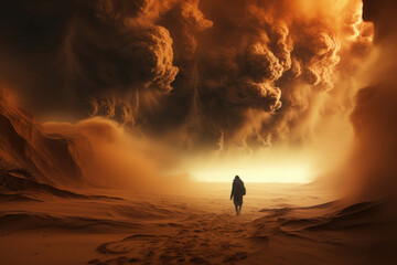 A man is caught in a sandstorm - obrazy, fototapety, plakaty