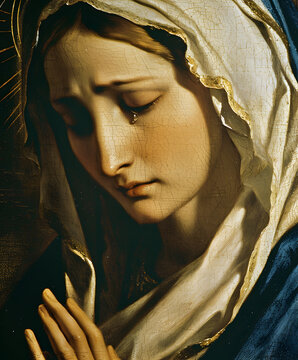 Catholic icon of Virgin Mary with tears. Crying of St. Mary.