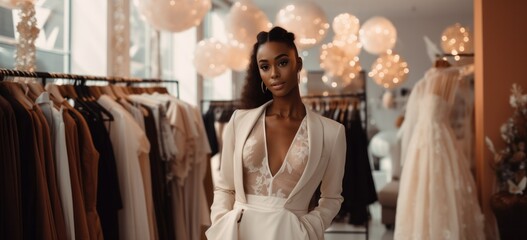 Elegant woman in bridal boutique surrounded by wedding dresses. Fashion and elegance. - obrazy, fototapety, plakaty