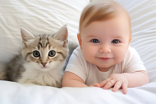 Cute infant baby boy next to smart fluffy cat looking at camera on a white plaid on a white bed. Copy space