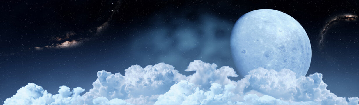 A full moon night sky filled with dense clouds, many stars, and countless stars.3D rendering