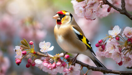 A Vibrant Goldfinch Perched on a Blooming Cherry Blossom Branch, Showcasing The Harmony of Wildlife in Spring