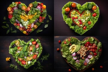 collage Heart shape of various vegetables and herbs on white plate on a wooden table