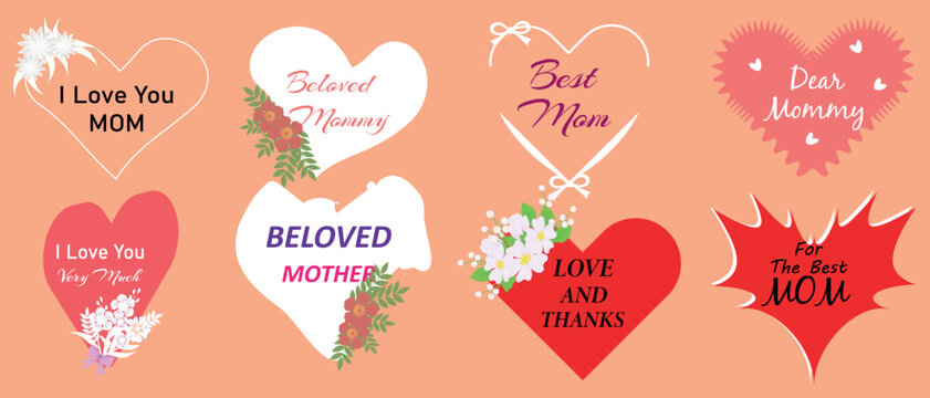 Fototapeta A set of typographic inscriptions "Happy Mothers Day" on hearts of different shapes and colors, decorated with flowers: "Love you, mom", "Best mom" and others. Illustration with peach fuzz background