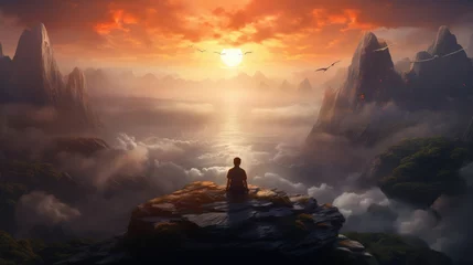 Foto op Canvas man back view doing meditation on mountain © Neha