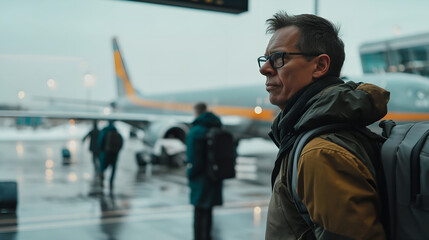 Adult mature man stands on the runway in front of a plane at the airport with many other flight passengers - obrazy, fototapety, plakaty