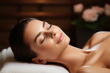 Obraz na płótnie Canvas Beautiful young woman enjoying massage in spa salon. Beauty treatment, skin care.