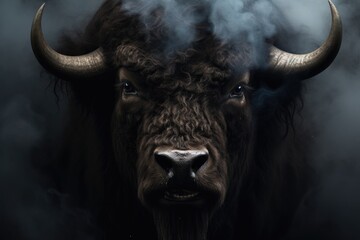 Face of a bison watching us with predator eyes in a full black decor and smoke