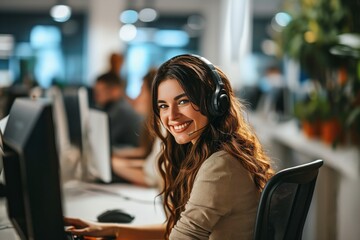A smiling customer service representative helpdesk with headset in office setting