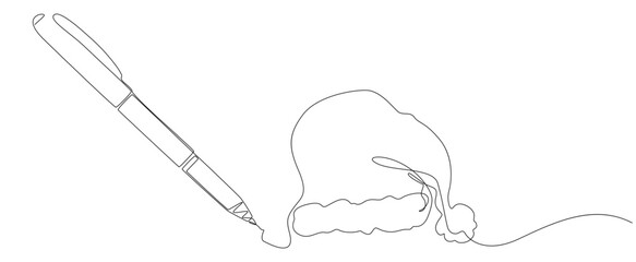 One continuous line of Santa Claus hat drawn with a pencil, felt tip pen. Thin Line Christmas Illustration vector concept. Contour Drawing Creative Holiday ideas.