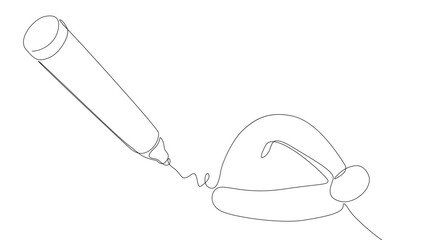 One continuous line of Santa Claus hat drawn with a pencil, felt tip pen. Thin Line Christmas Illustration vector concept. Contour Drawing Creative Holiday ideas.