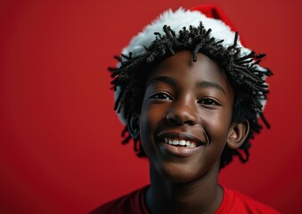 Happy African American man wearing Santa hat in Christmas background