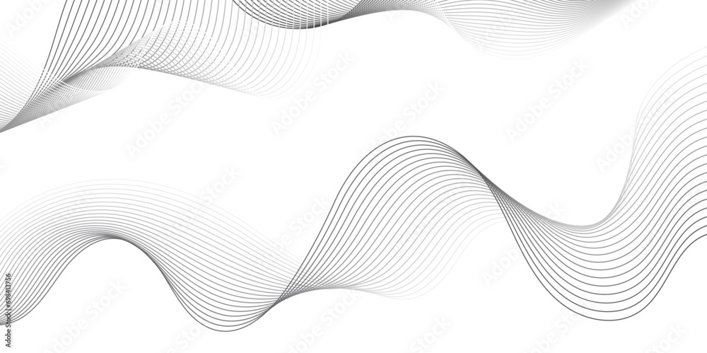 Aufkleber Abstract grey, white smooth element swoosh speed wave modern stream background. Wave with lines created using blend tool. Abstract frequency sound wave lines and twisted curve lines background.