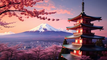 Fujiyoshida, Japan Beautiful view of mountain Fuji and Chureito pagoda at sunset, japan in the spring with cherry blossom - obrazy, fototapety, plakaty
