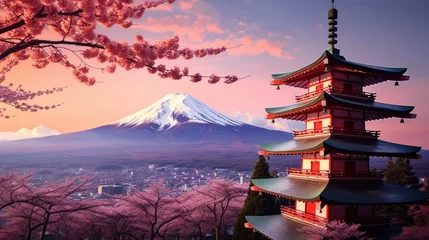 Photo sur Plexiglas Mont Fuji Fujiyoshida, Japan Beautiful view of mountain Fuji and Chureito pagoda at sunset, japan in the spring with cherry blossom