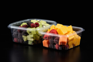 Mixed fresh fruits slices in plastic box