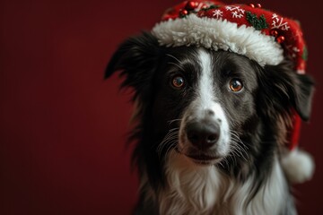 Border Collie smiling wearing a Christmas hat, portrait
