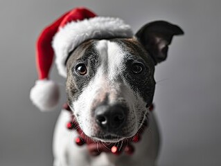 Bull Terrier smiling wearing a Christmas hat, portrait