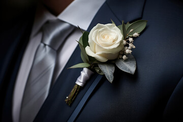 Wedding man jacket groom male flower boutonniere white rose tuxedo suit celebration - obrazy, fototapety, plakaty