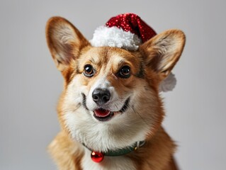 Corgi smiling wearing a Christmas hat, portrait