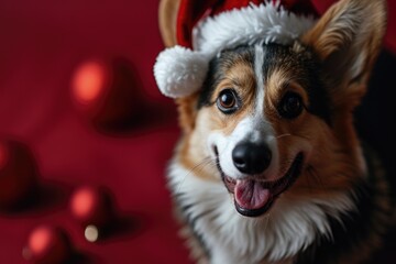 Corgi smiling wearing a Christmas hat, portrait in Christmas background