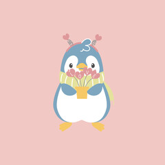cute and lovely penguin holding heart shape plant, happy valentines day, birthday, love concept, flat vector illustration cartoon character costume design
