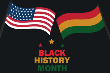 Black History Month. African American history month celebration. Abstract red, yellow, green color flag and American flag on black paper background