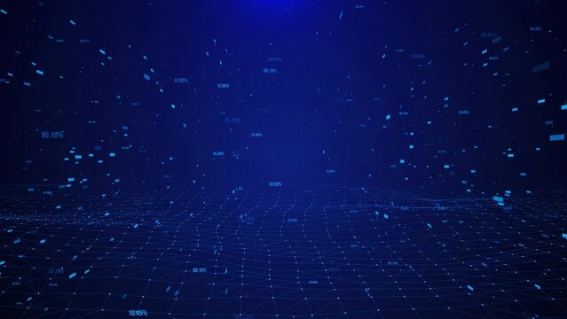 Futuristic Digital tunnel virtual space grid fantastic technology binary numbers cyberspace tunnel particles animation. data center, server, internet, speed. Big data visualization particle flow.
