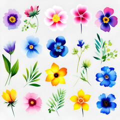 lots of bright multicolored garden flowers on a white background, background	