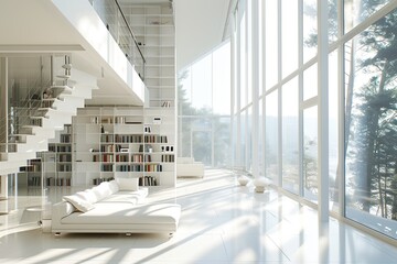 Modern bright library with a minimalist interior. - Powered by Adobe