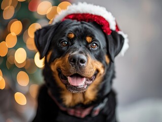 Obraz premium Rottweiler smiling wearing a Christmas hat, portrait