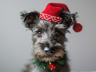 Scottish Terrier smiling wearing a Christmas hat, portrait