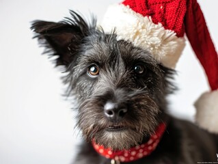 Scottish Terrier smiling wearing a Christmas hat, portrait