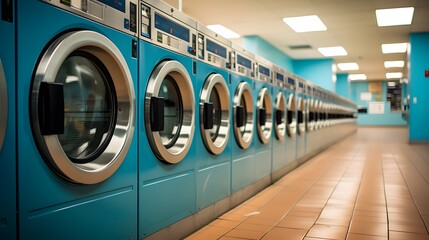 Line of industrial washing machines in a clean, well-lit laundromat.