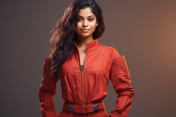 Indian woman in orange jumpsuit