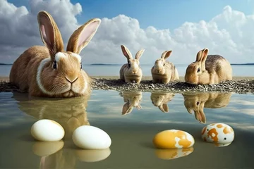 Foto op Plexiglas Bunnies swim & hunt eggs on Easter vacay. Generative AI © Dariel