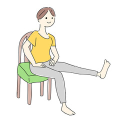 座って足あげ体操をする女性のかわいい手書きイラスト1