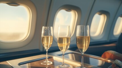 Champagne glasses on the table in the private jet plane. - obrazy, fototapety, plakaty