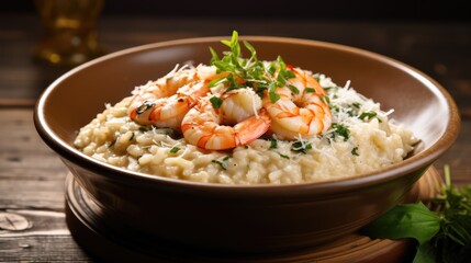 Creamy risotto with shrimps fried prawns, parmesan cheese, fresh herbs on the plate on the wooden table  - obrazy, fototapety, plakaty