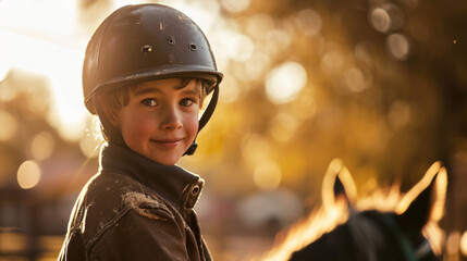 Happy boy kid at equitation lesson looking at camera while riding a horse, wearing horseriding helmet