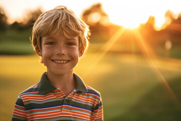 Portrait of a caucasian boy at golfing training lesson looking at camera on golf course - obrazy, fototapety, plakaty