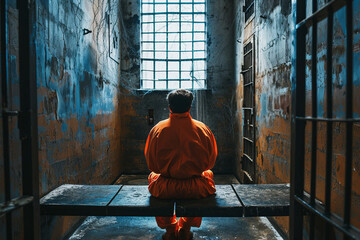 Jailed man dressed in orange jumpsuit sit on a bench of a prison cell alone - obrazy, fototapety, plakaty