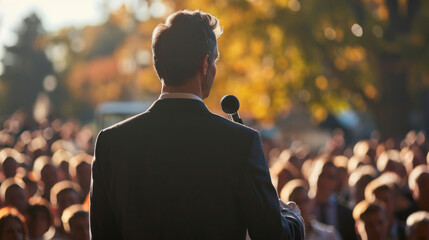 Back view of a white caucasian male politician doing a speech outdoor in front of a crowd of members of a political party - Powered by Adobe