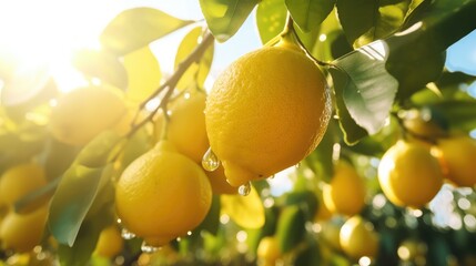 Lemons ready to harvest on the farm. Morning light view. Lemons ready for picking