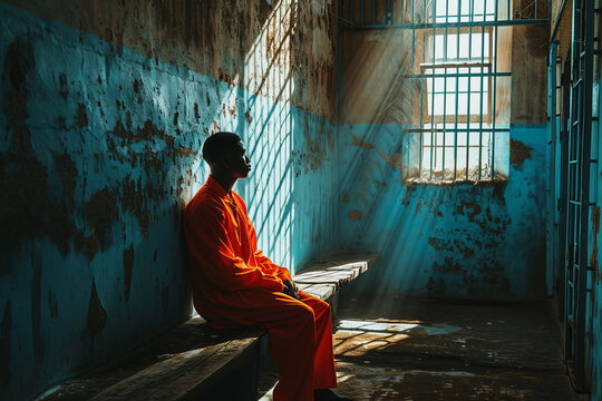 Jailed man dressed in orange jumpsuit sit on a bench of a prison cell alone