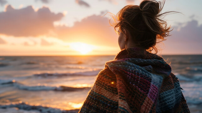 Woman looking at winter sunset on the beach with a shawl on her shoulders on a cold evening