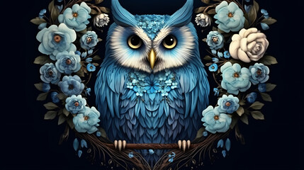 Blue owl and flowers